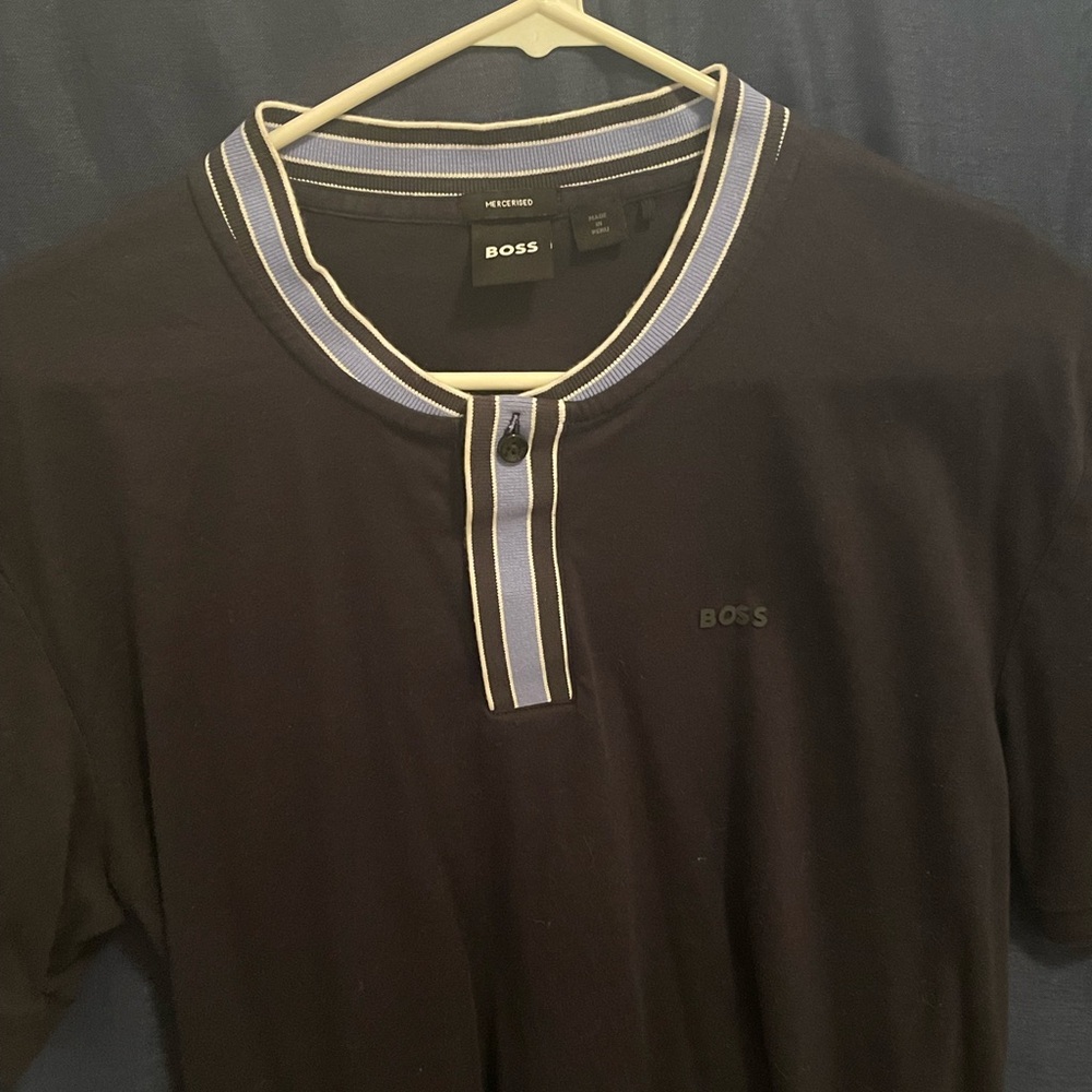 Hugo Boss Navy Polo with Blue Striped Collar
